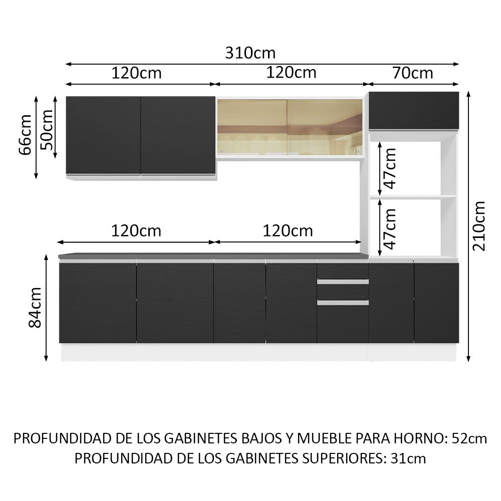 Combo Completo de Cocina 100% MDF 310 cm Blanco/Negro Acordes Madesa 01