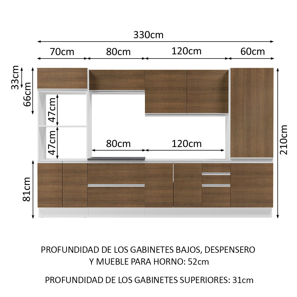 Combo Completo de Cocina 100% MDF 330 cm Blanco/Marrón Acordes Madesa 05