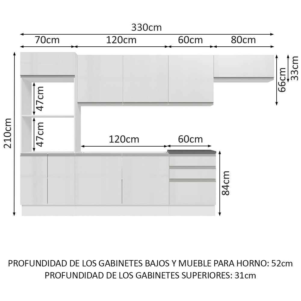 Combo Completo de Cocina 100% MDF 330 cm Frentes Blanco Brillante Acordes Madesa 06