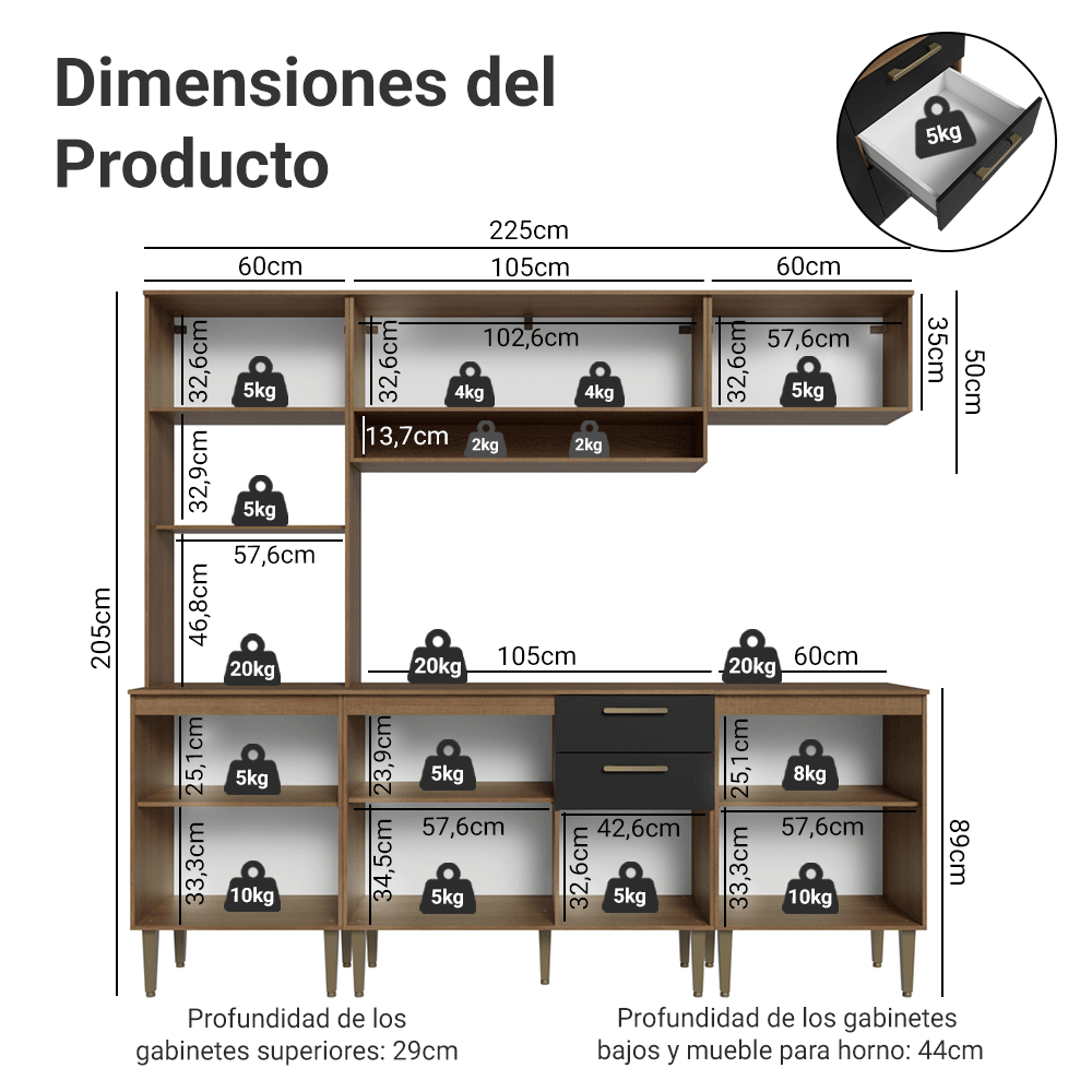 Combo completo de Cocina 225 cm Marrón/Negro Lille Madesa 01