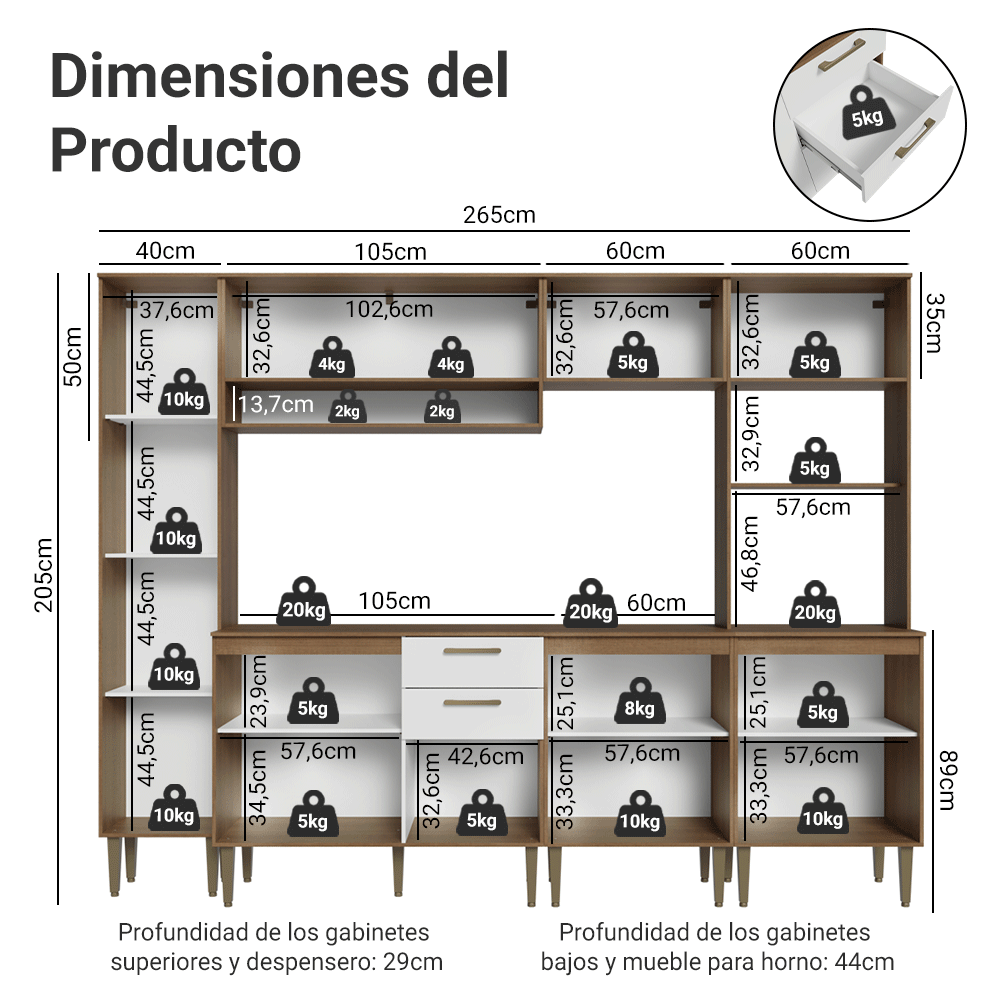 Combo completo de Cocina 265 cm Marrón/Blanco Lille Madesa 01