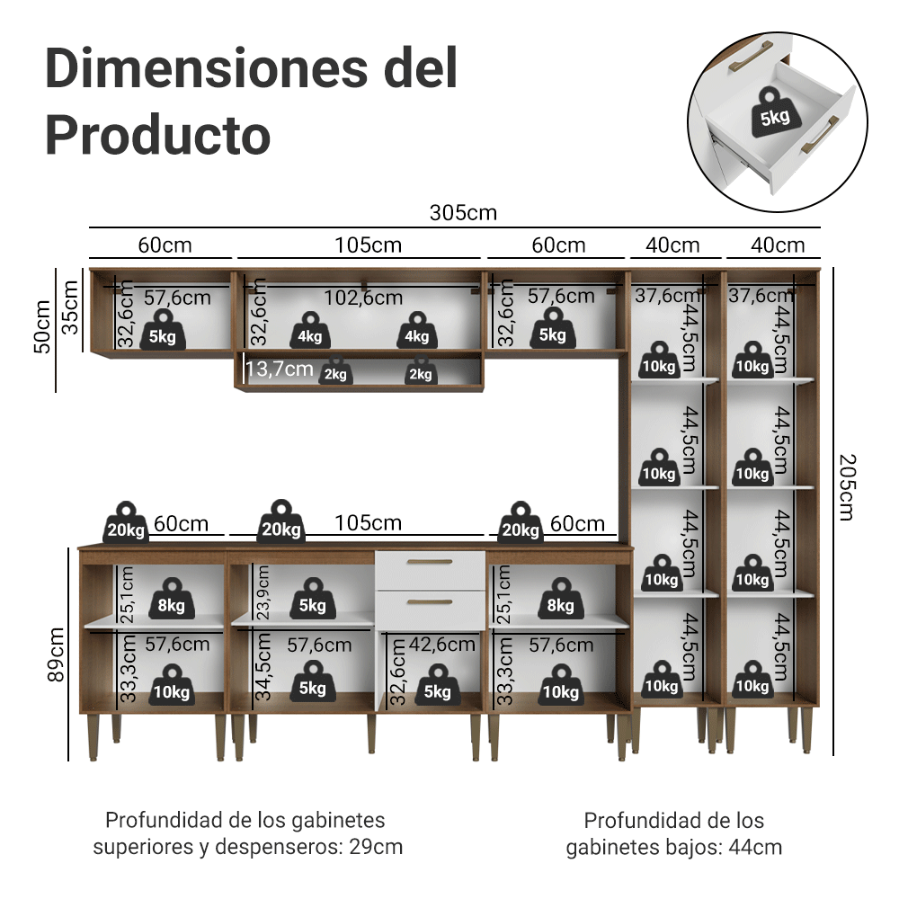 Combo completo de Cocina 305 cm Marrón/Blanco Lille Madesa 01