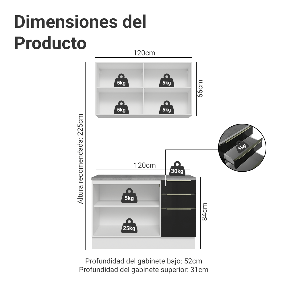 Cocina Compacta 120 cm Blanco/Negro Lux Madesa 01