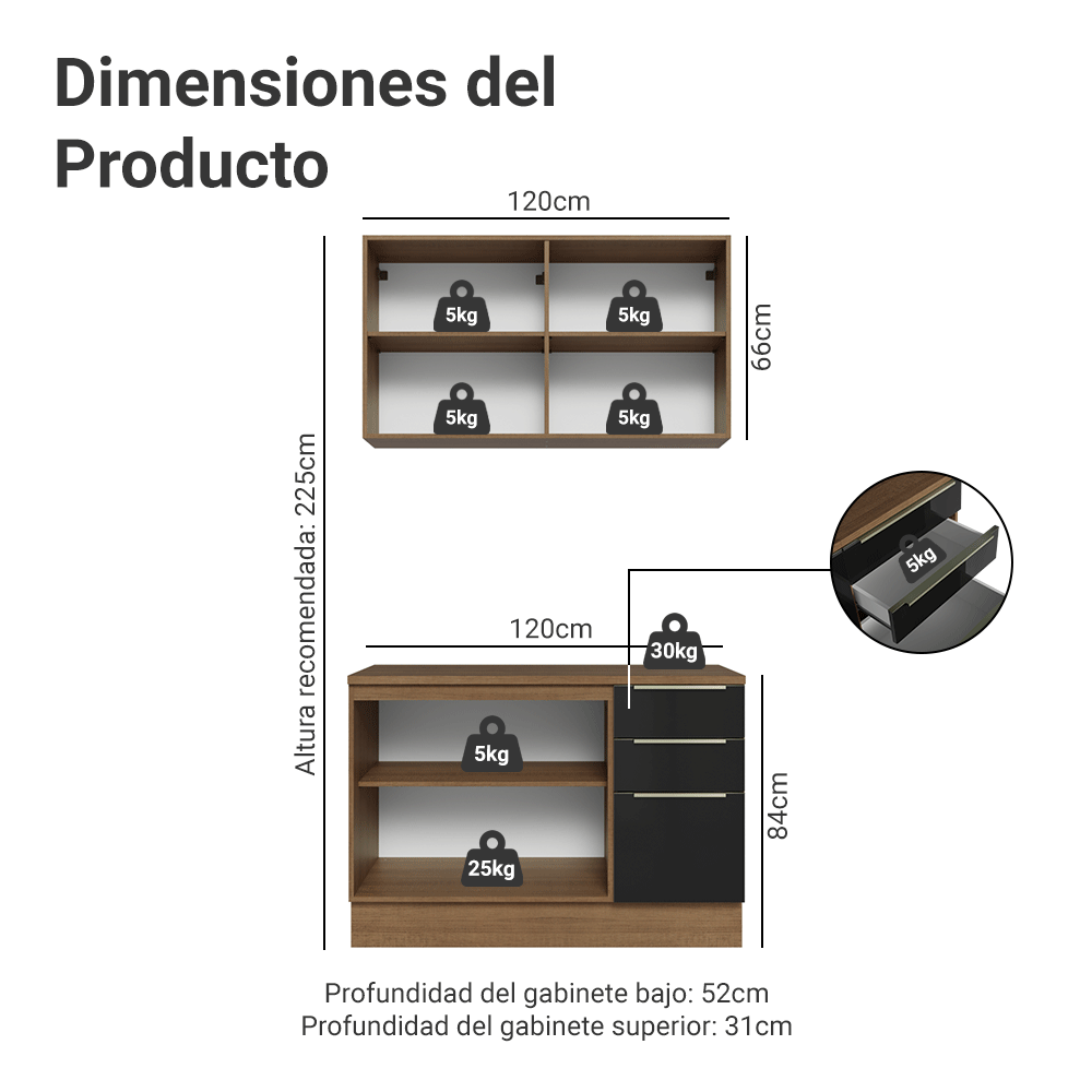 Cocina Compacta 120 cm Marrón/Negro Lux Madesa 01