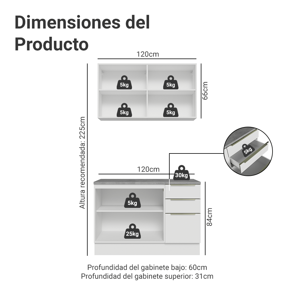 Cocina Compacta 120 x 60 cm Blanco/Blanco Aterciopelado Lux Madesa 02