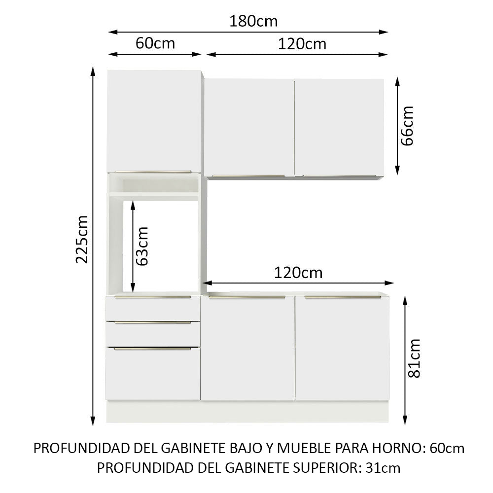 Cocina Compacta 180 x 60 cm Blanco/Blanco Aterciopelado Lux Madesa 01