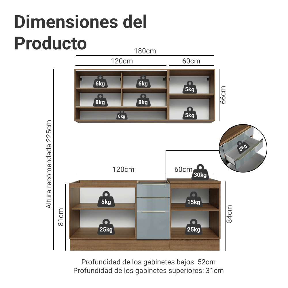 Cocina Compacta 180 cm Marrón/Gris Lux Madesa 04