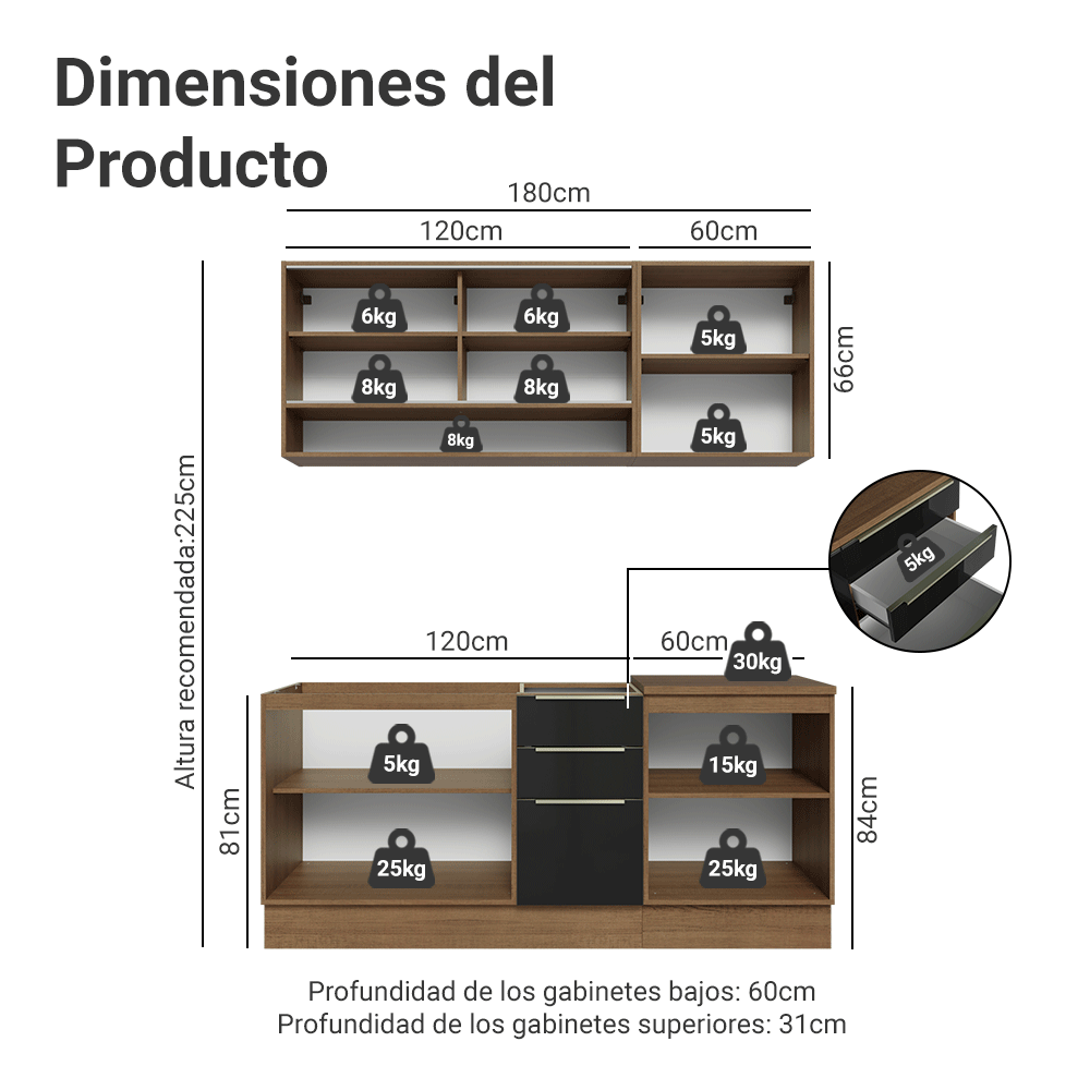 Cocina Compacta 180 x 60 cm Marrón/Negro Lux Madesa 05
