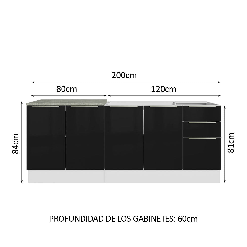 Combo con 2 Bajos Mesadas de Cocina 4 Puetas 3 Cajones 200 x 60 cm (Sin Mesada y Bacha) Blanco/Negro Lux Madesa