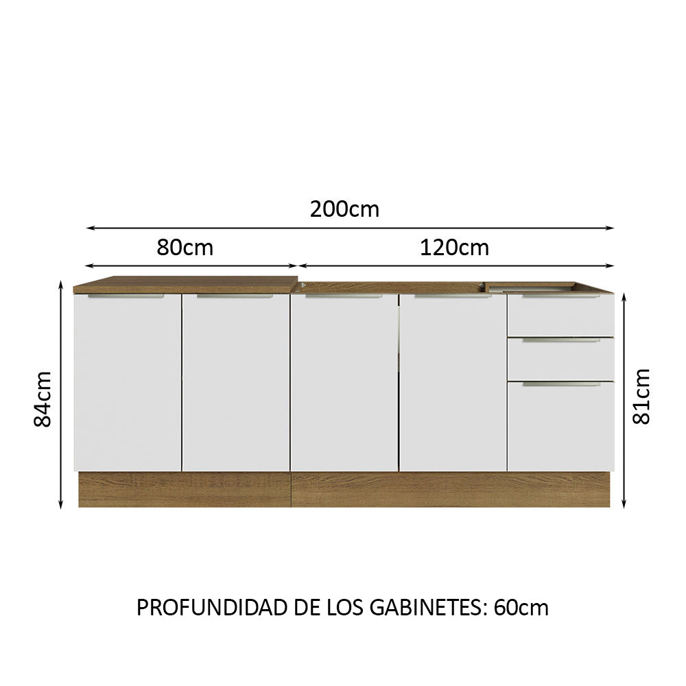 Combo con 2 Bajos Mesadas de Cocina 4 Puetas 3 Cajones 200 x 60 cm (Sin Mesada y Bacha) Marrón/Blanco Aterciopelado Lux Madesa