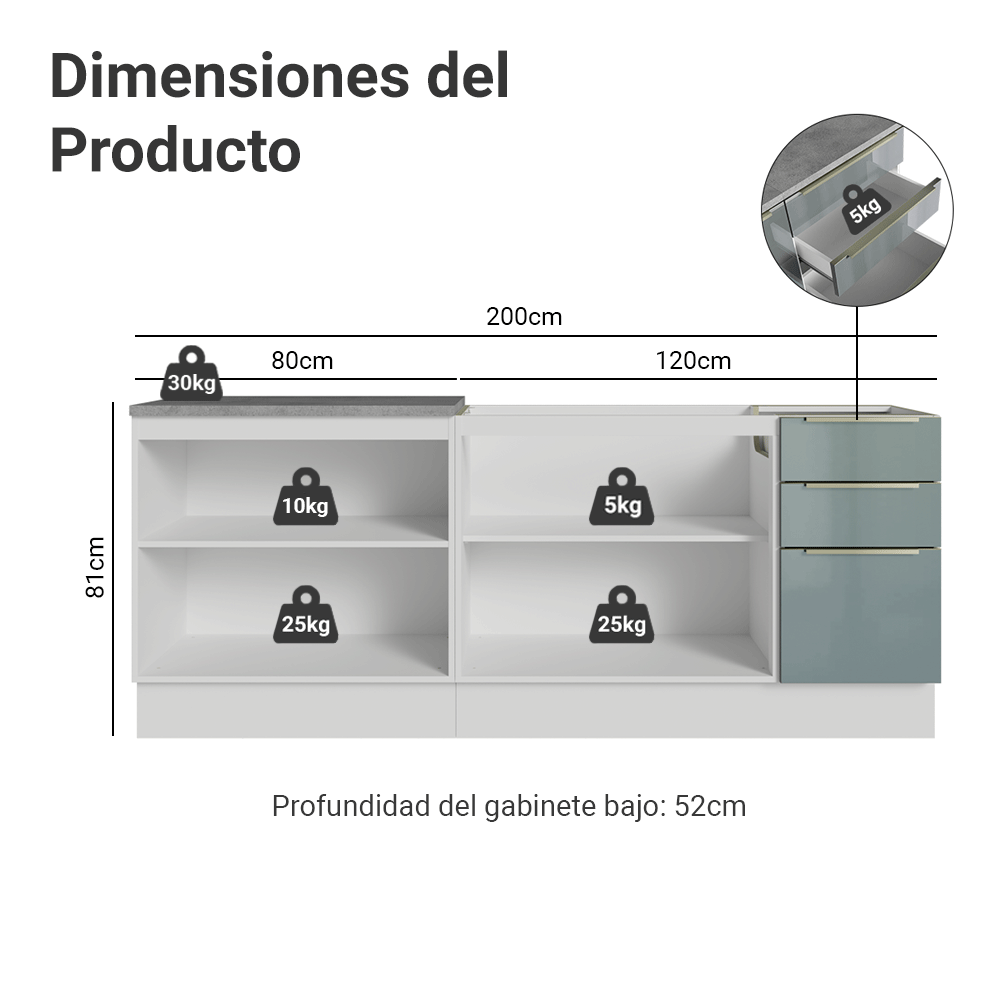 Cocina Compacta 200 cm Blanco/Gris Lux Madesa 05