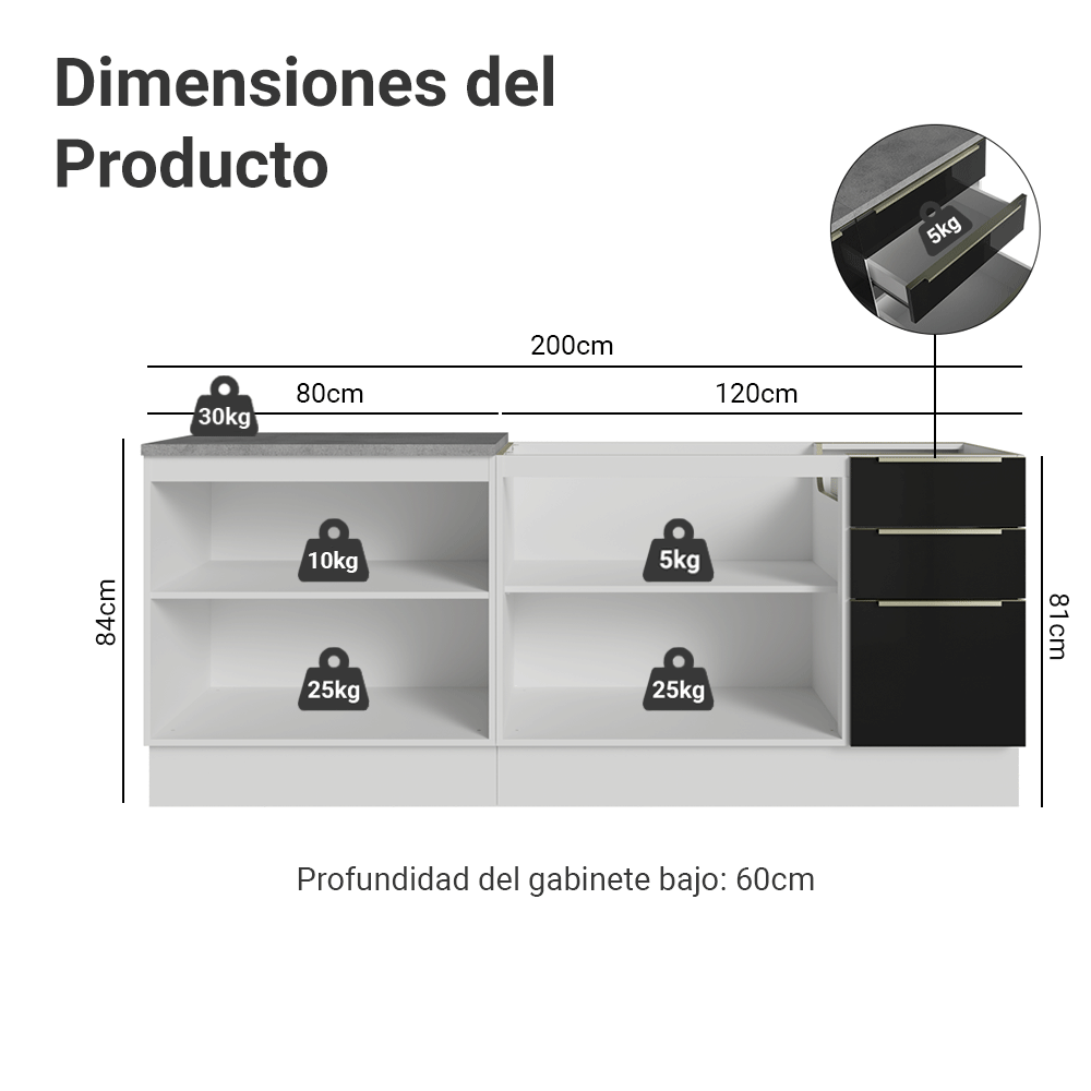 Cocina Compacta Lux 200 cm 4 Puertas 3 Cajones (Sin Mesada) Blanco/Negro 06 Madesa