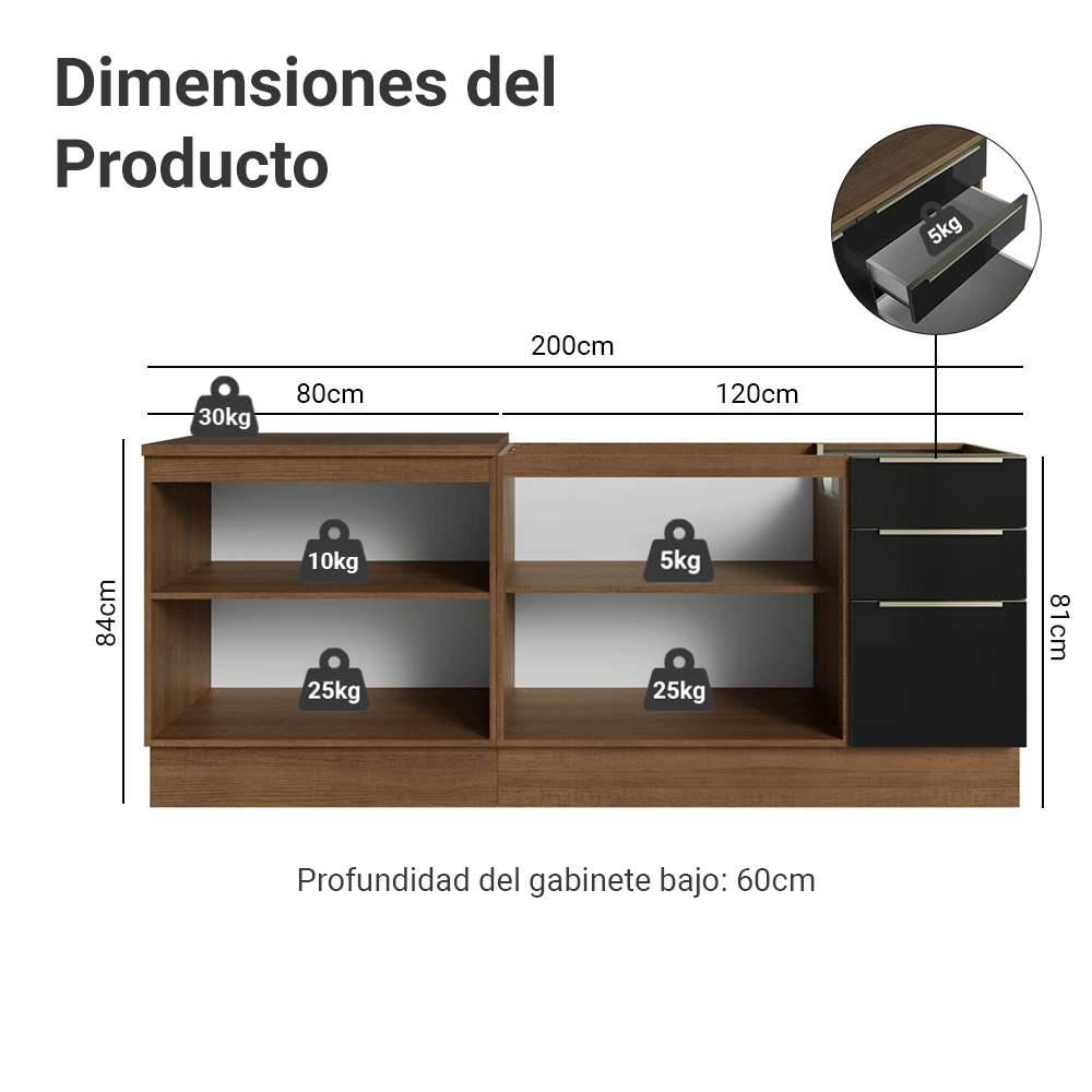 Cocina Compacta Lux 200 cm 4 Puertas 3 Cajones (Sin Mesada) Marrón/Negro 06 Madesa