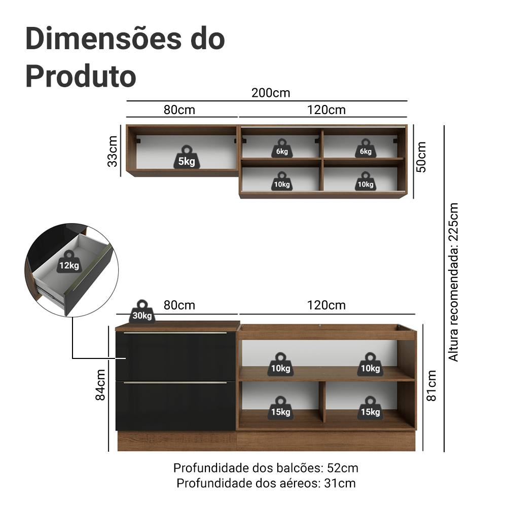 Cocina Compacta 200 cm Marrón/Negro Lux Madesa 07