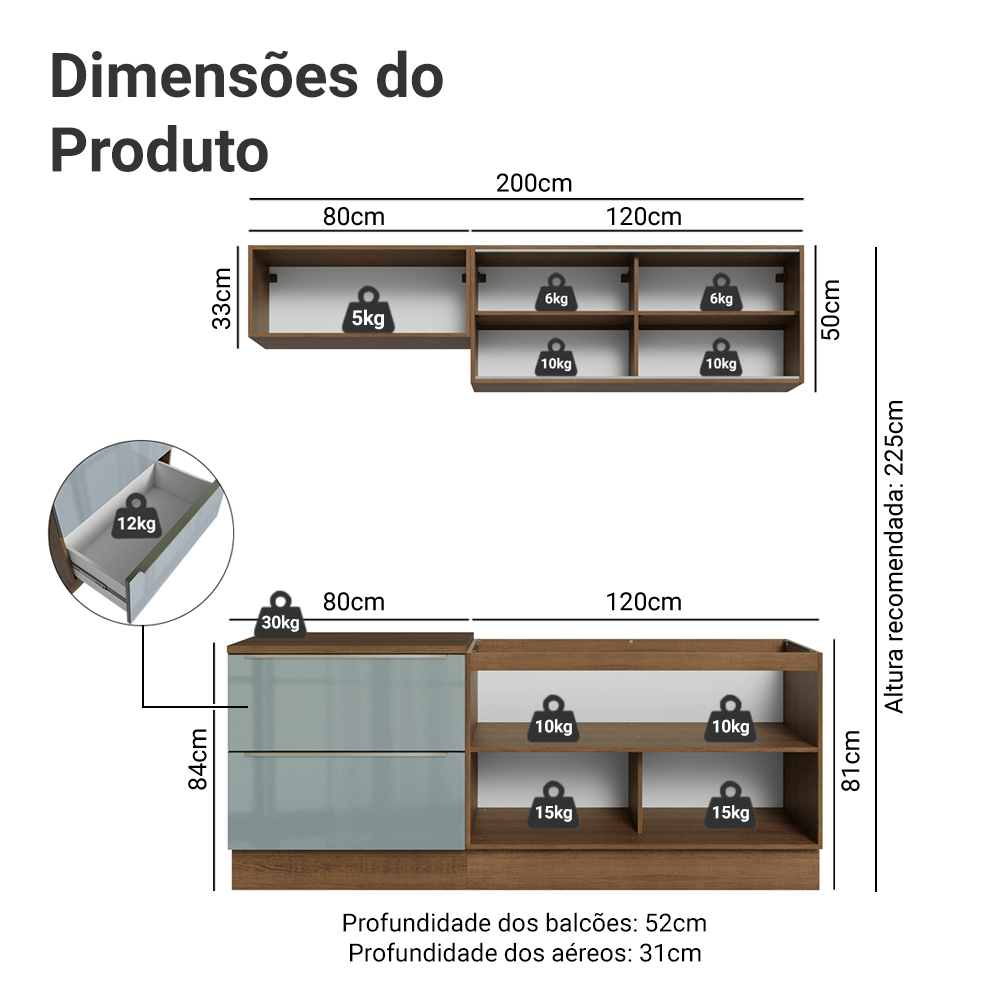 Cocina Compacta 200 cm Marrón/Gris Lux Madesa 07