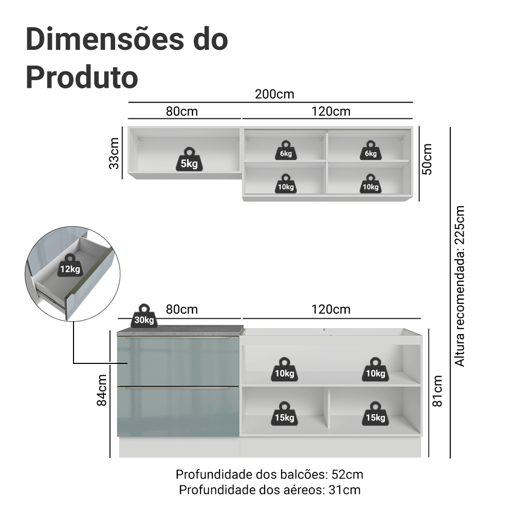 Cocina Compacta 200 cm Blanco/Gris Lux Madesa 07