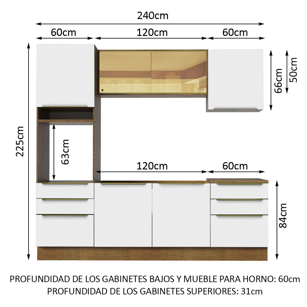 Combo Completo de Cocina 240 x 60 cm Marrón/Blanco Aterciopelado Lux Madesa 02