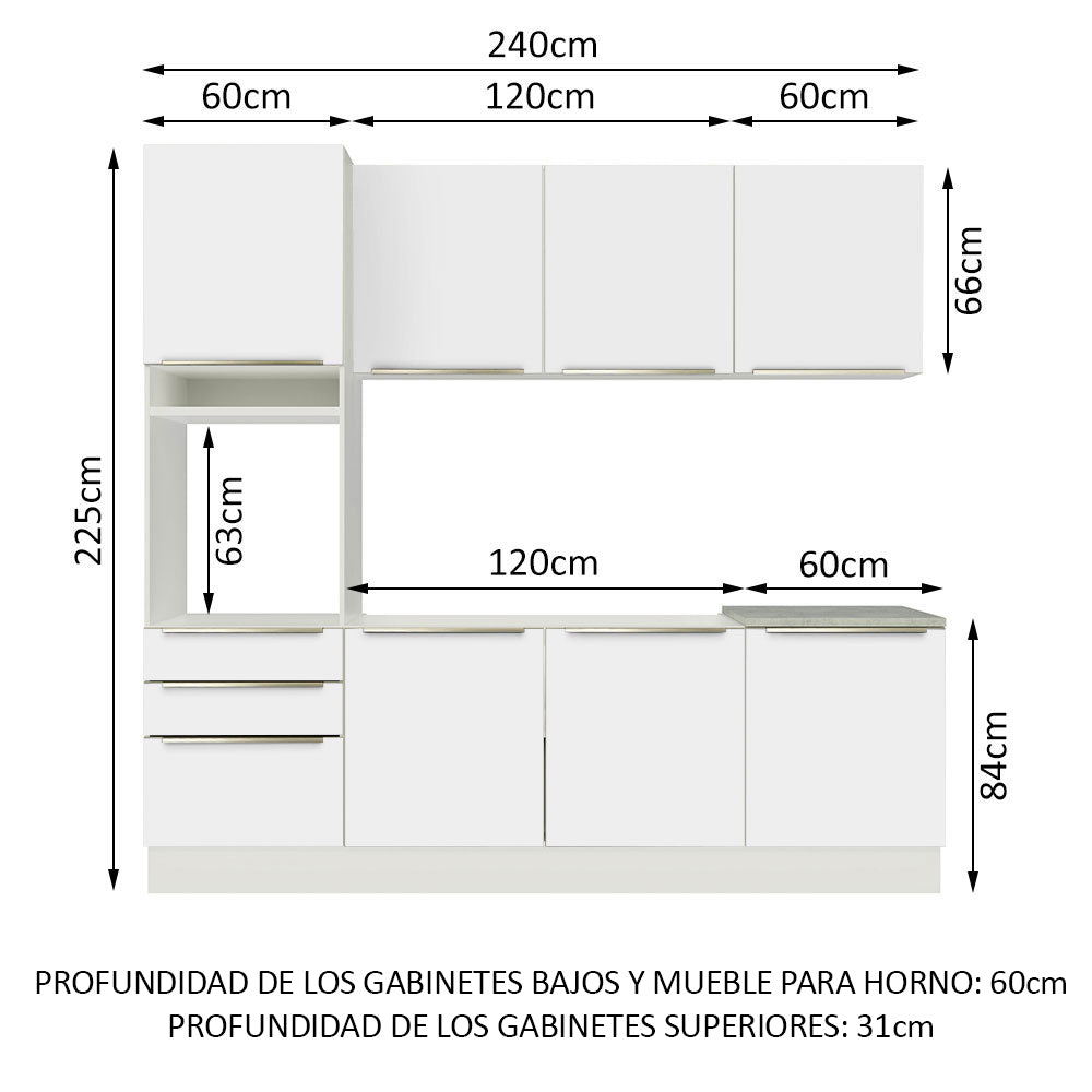 Combo Completo de Cocina 240 x 60 cm Blanco/Blanco Aterciopelado Lux Madesa 03