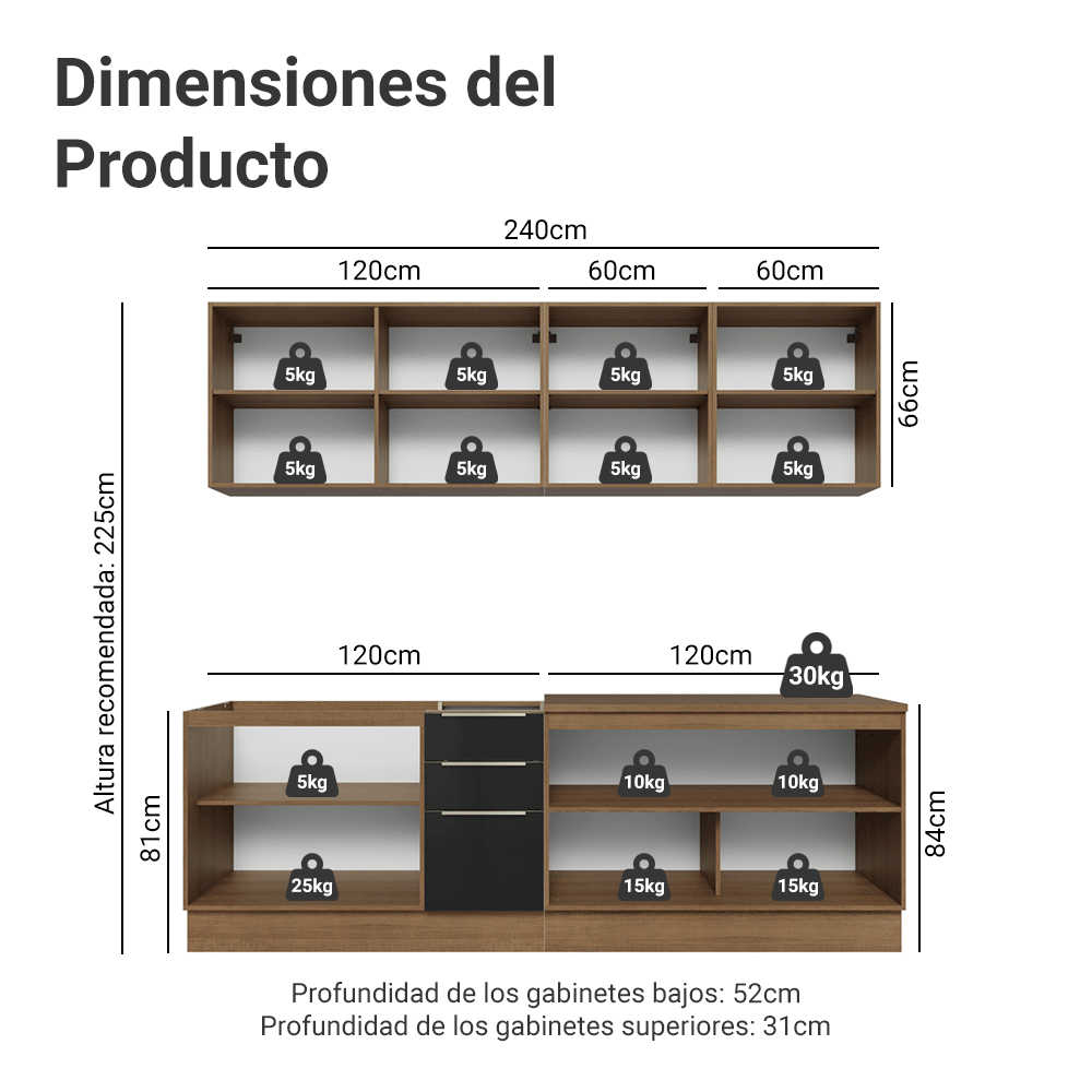 Combo completo de Cocina 240 cm Marrón/Negro Lux Madesa 09
