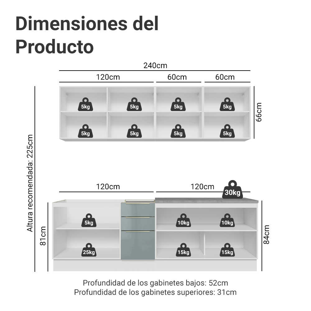 Combo completo de Cocina 240 cm Blanco/Gris Lux Madesa 09