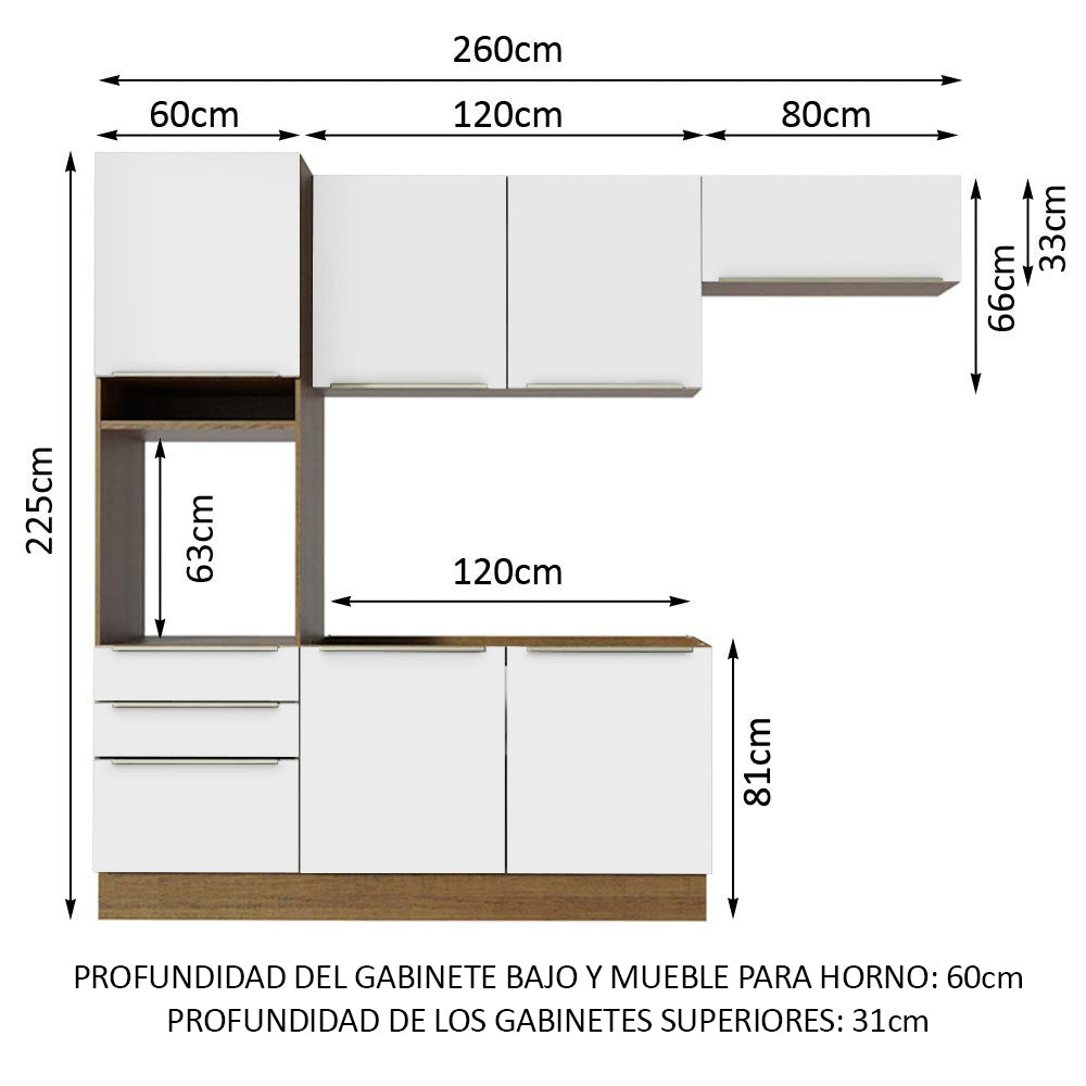 Combo Completo de Cocina 260 x 60 cm Marrón/Blanco Aterciopelado Lux Madesa 03