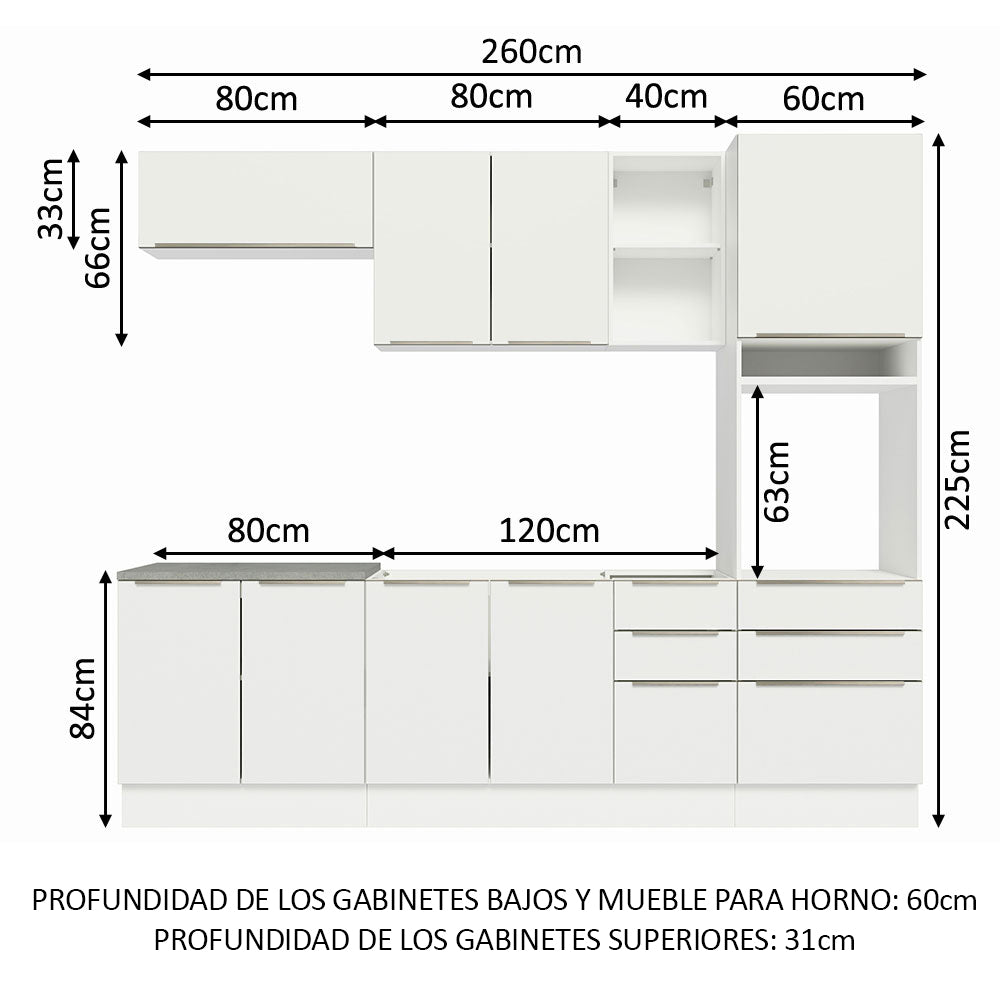 Combo Completo de Cocina 260 x 60 cm Blanco Aterciopelado Lux Madesa 08