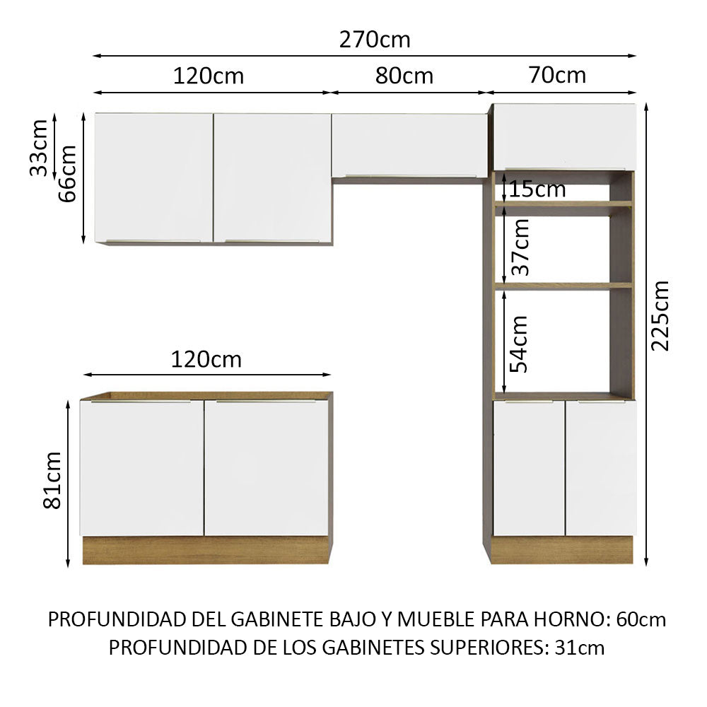 Combo Completo de Cocina 270 x 60 cm Marrón/Blanco Aterciopelado Lux Madesa 01