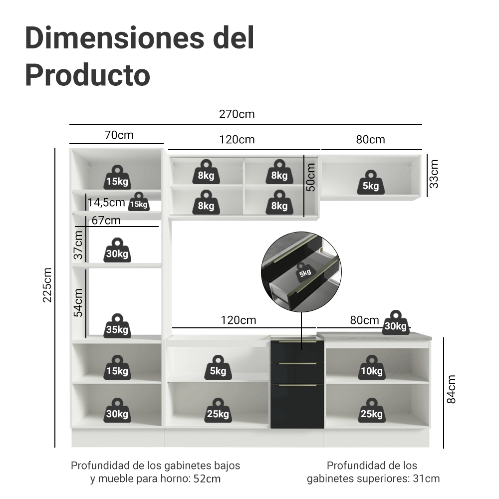 Combo Completo de Cocina 270 cm Blanco/Negro Lux Madesa 05