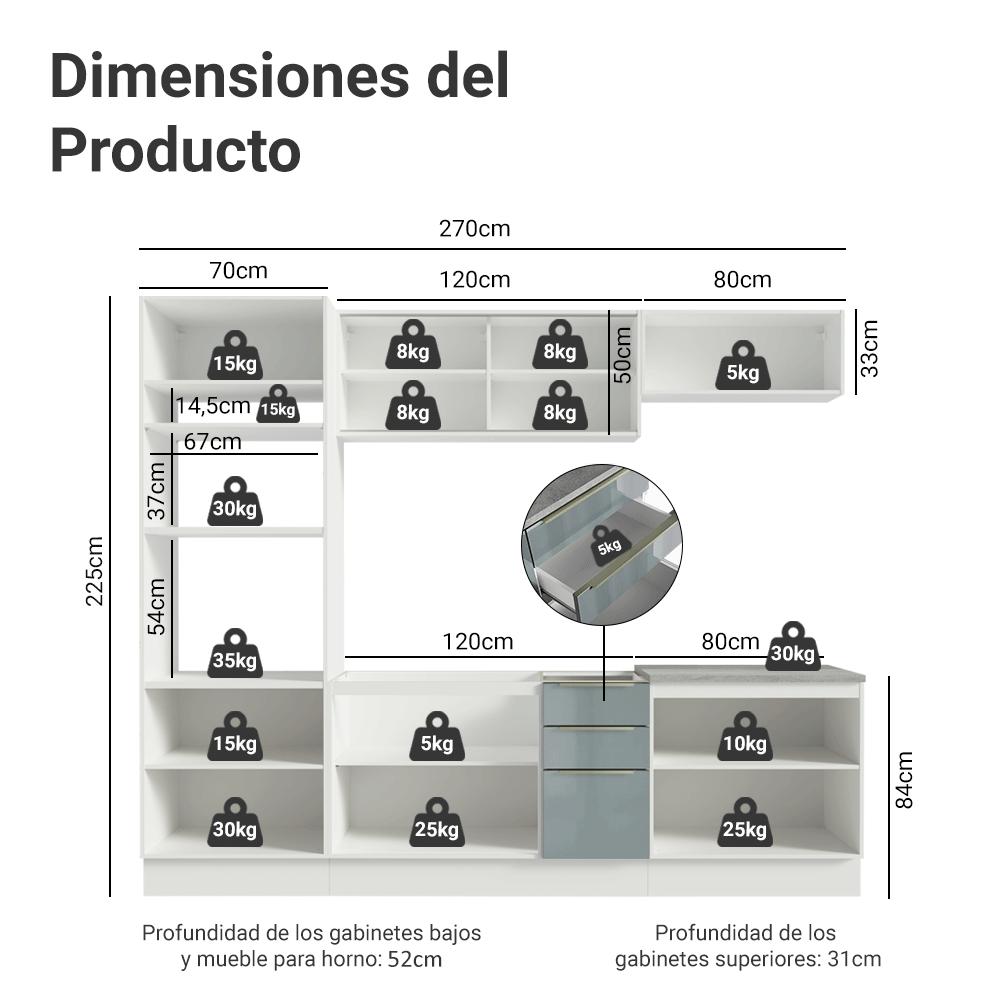 Combo completo de Cocina 270 cm Blanco/Gris Lux Madesa 05