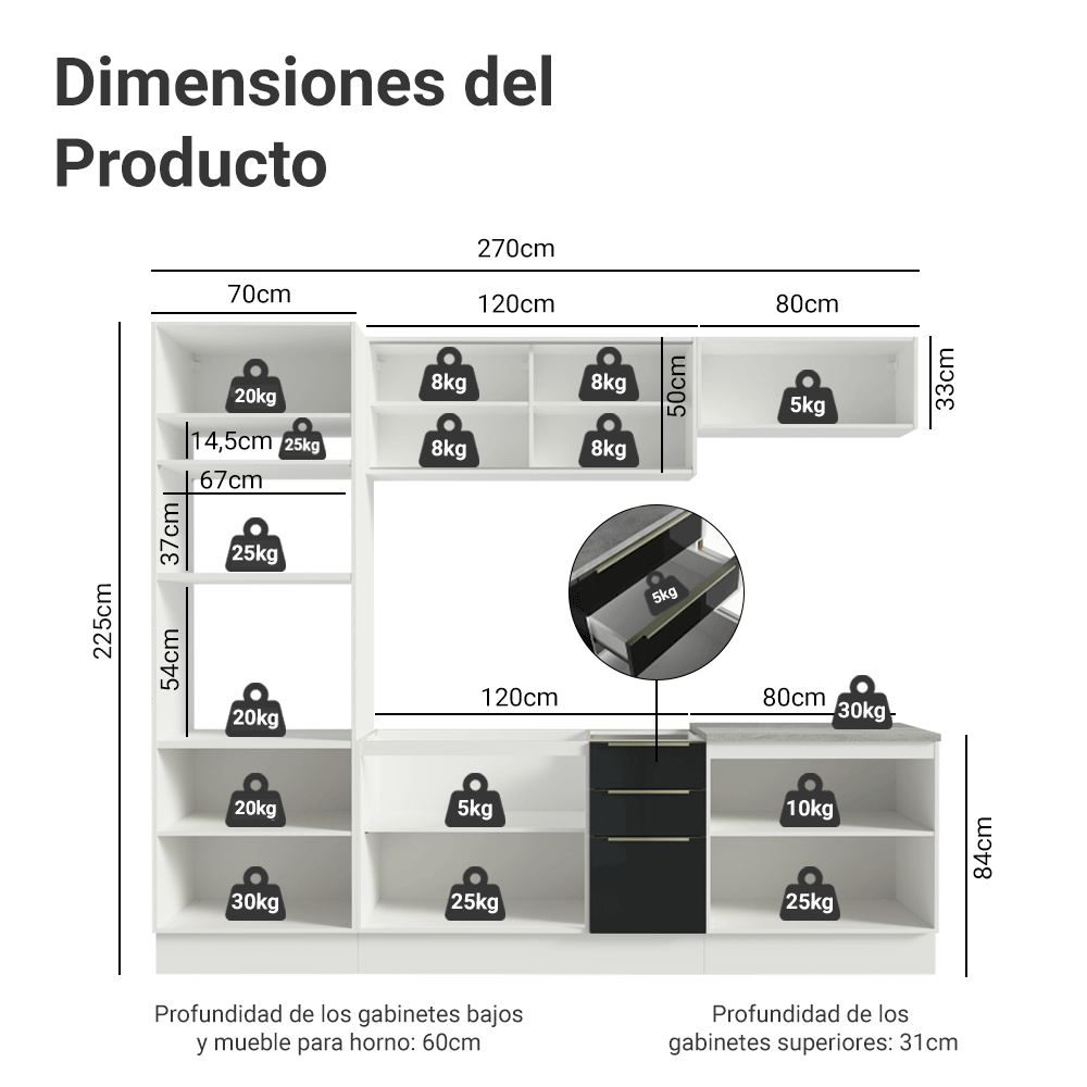 Combo Completo de Cocina 270 x 60 cm Blanco/Negro Lux Madesa 06