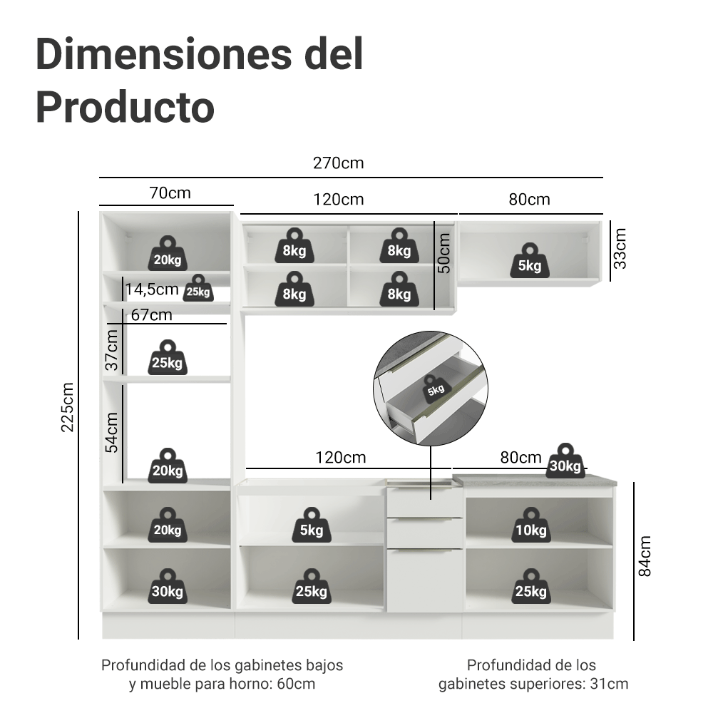 Combo Completo de Cocina 270 x 60 cm Blanco/Blanco Aterciopelado Lux Madesa 06