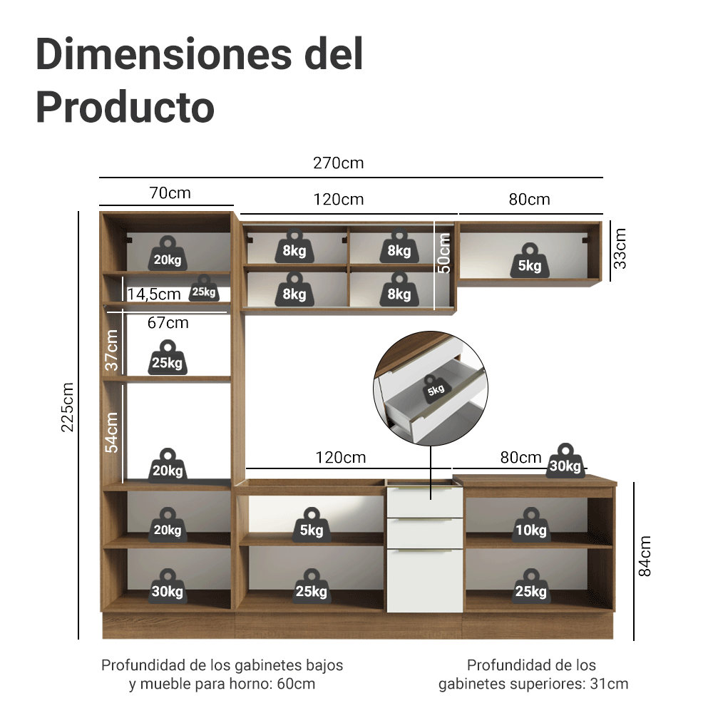 Combo Completo de Cocina 270 x 60 cm Marrón/Blanco Aterciopelado Lux Madesa 06
