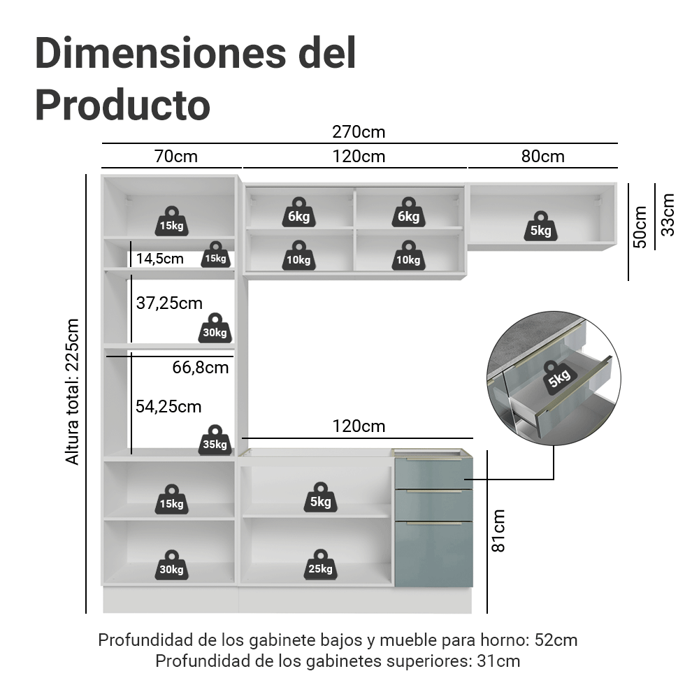 Combo completo de Cocina 270 cm Blanco/Gris Lux Madesa 07