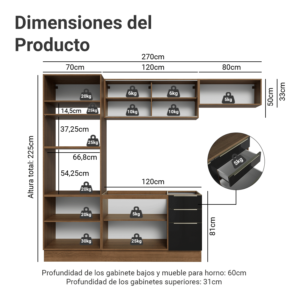 Combo completo de Cocina 270 x 60 cm Marrón/Negro Lux Madesa 08