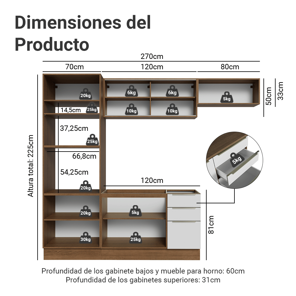 Combo completo de Cocina 270 x 60 cm Marrón/Blanco Aterciopelado Lux Madesa 08