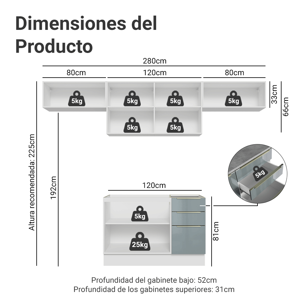 Combo Completo de Cocina 280 cm Blanco/Gris Lux Madesa 01