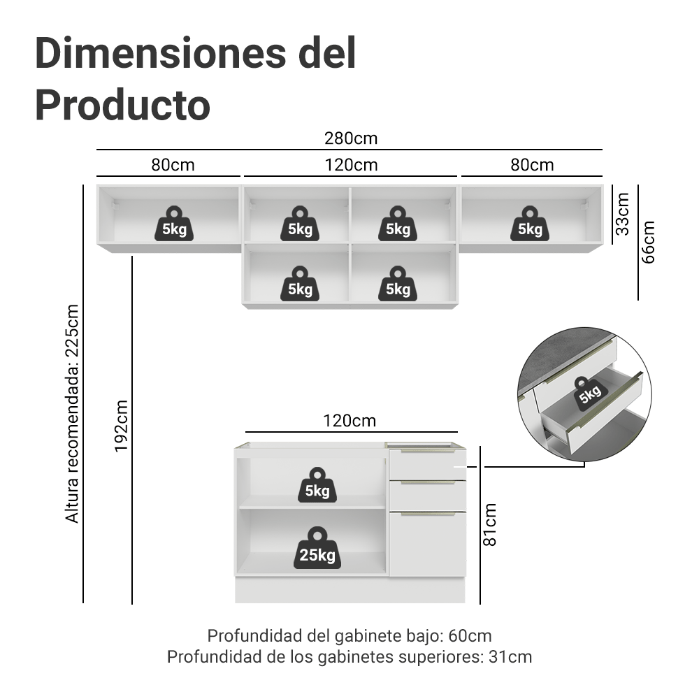 Combo completo de Cocina 280 x 60 cm Blanco/Blanco Aterciopelado Lux Madesa 02
