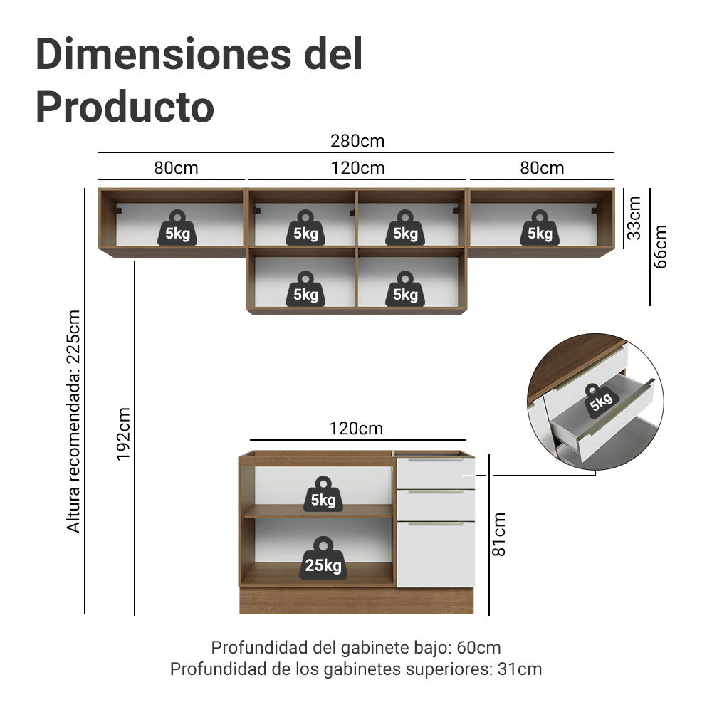 Combo completo de Cocina 280 x 60 cm Marrón/Blanco Aterciopelado Lux Madesa 02