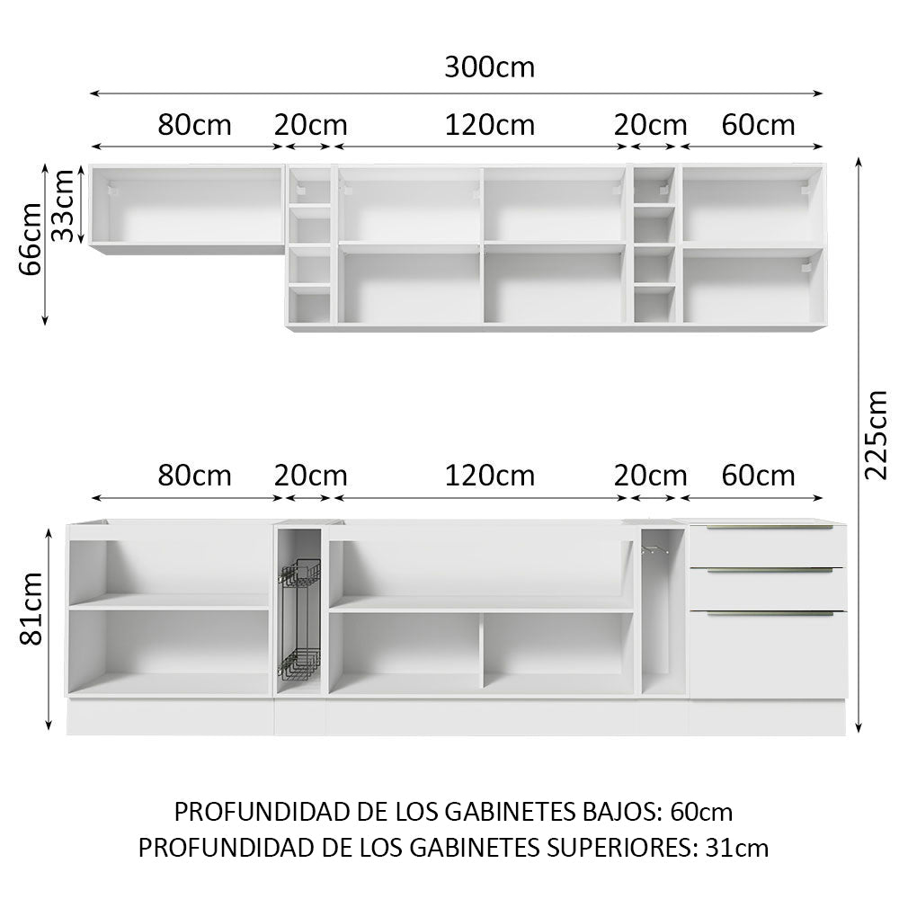 Combo Completo de Cocina 300 x 60 cm Blanco Aterciopelado Lux Madesa
