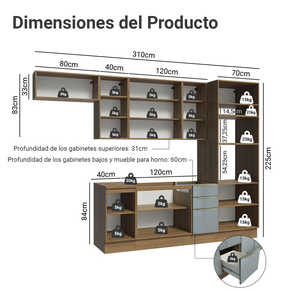 Combo completo de Cocina 310 x 60 cm Marrón/Gris Lux Madesa 01