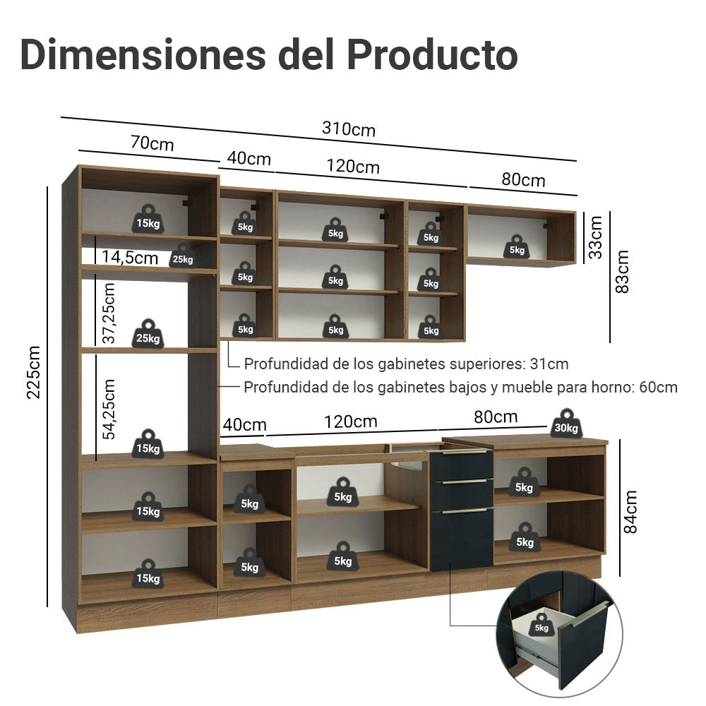 Combo completo de Cocina 310 x 60 cm Marrón/Negro Lux Madesa 02