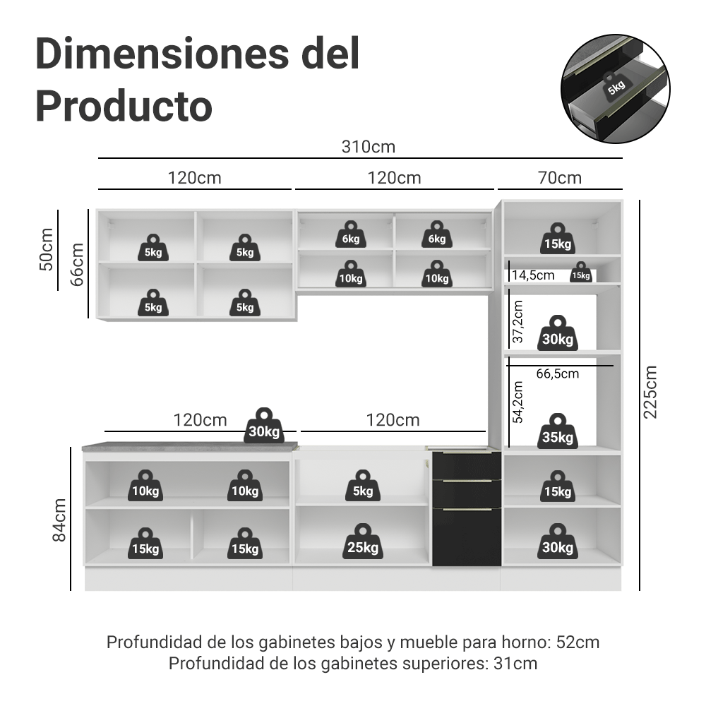 Combo Completo de Cocina 310 cm Blanco/Negro Lux Madesa 03