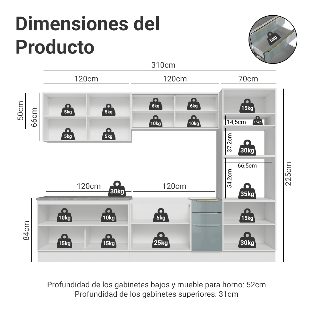 Combo Completo de Cocina 310 cm Blanco/Gris Lux Madesa 03