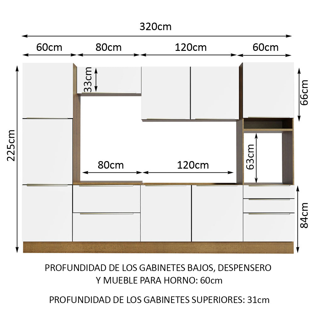 Combo Completo de Cocina 320 x 60 cm Marrón/Blanco Aterciopelado Lux Madesa 03