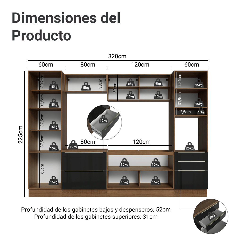 Combo completo de Cocina 320 cm Marrón/Negro Lux Madesa 08