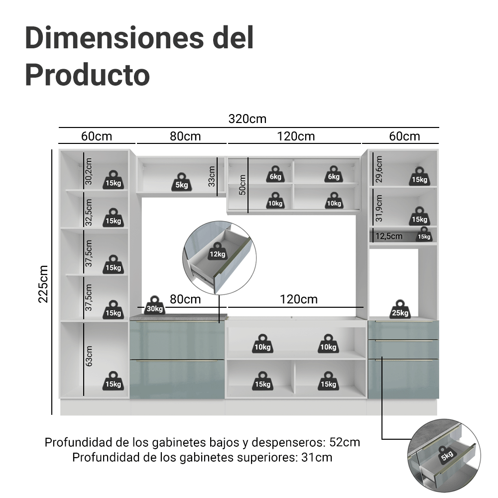 Combo completo de Cocina 320 cm Blanco/Gris Lux Madesa 08