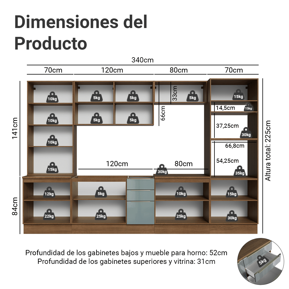Combo completo de Cocina 340 cm Marrón/Gris Lux Madesa 03