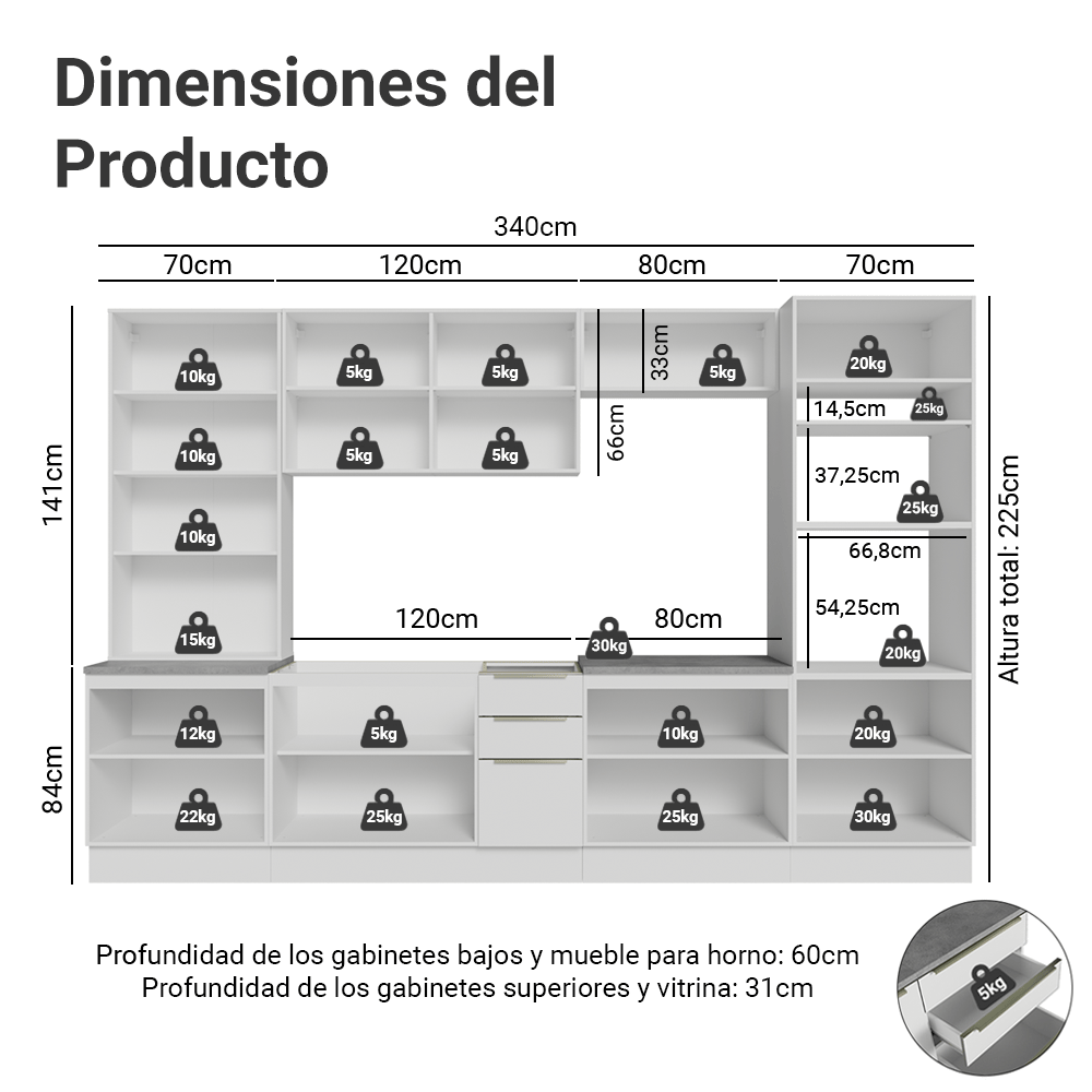 Combo completo de Cocina 340 x 60 cm Blanco/Blanco Aterciopelado Lux Madesa 04