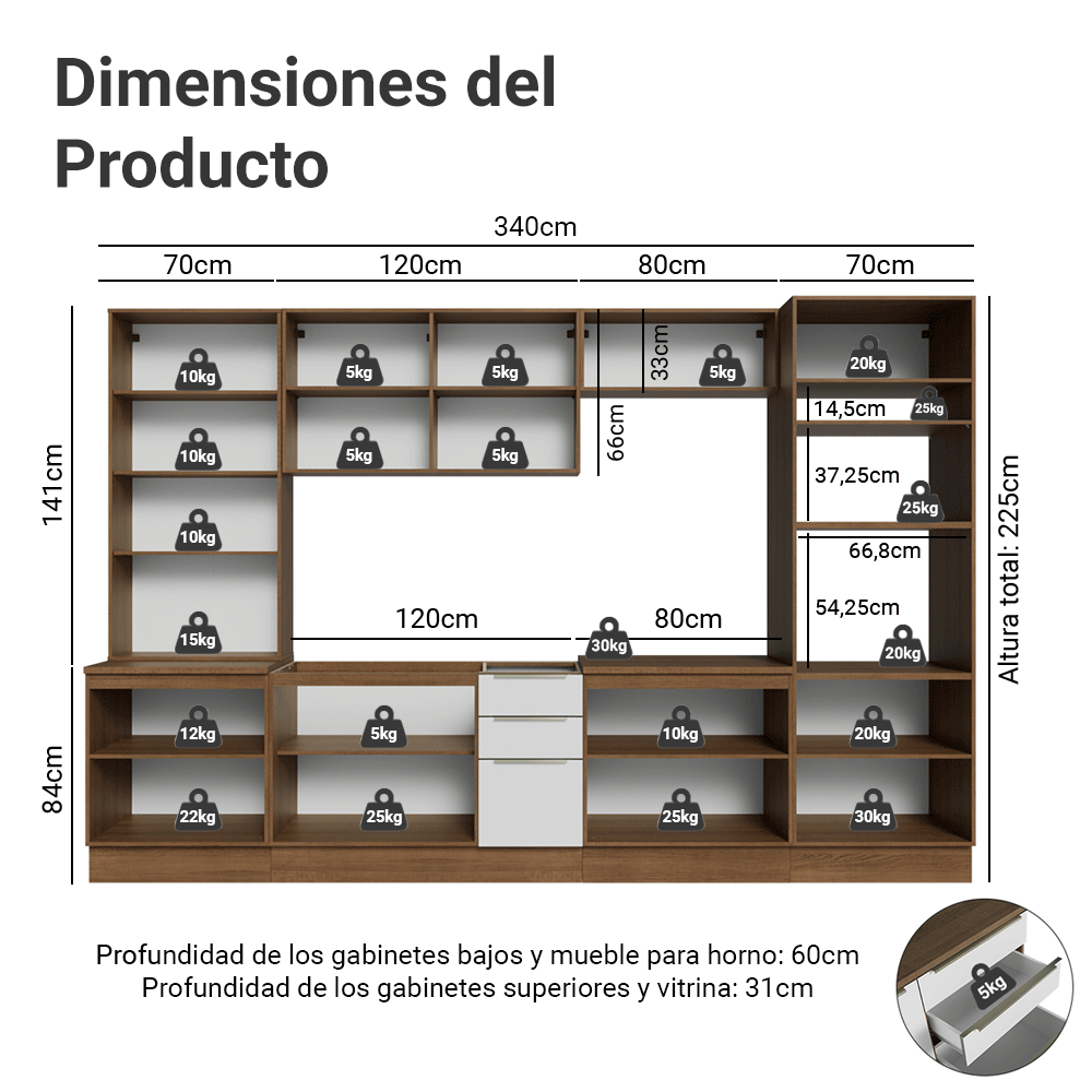 Combo completo de Cocina 340 x 60 cm Marrón/Blanco Aterciopelado Lux Madesa 04