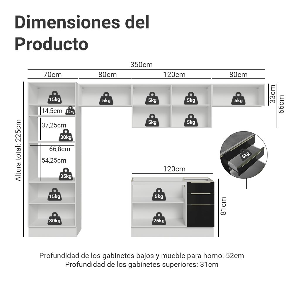 Combo completo de Cocina 350 cm Blanco/Negro Lux Madesa 01